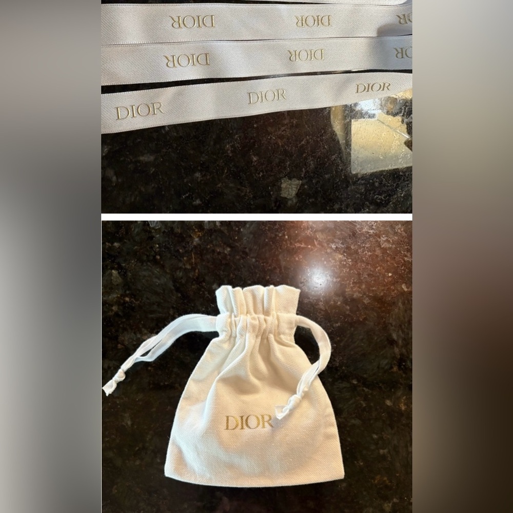 Small, classic Dior bag. This Dior bag has 6’ 4” of ribbon that says “DIOR  DIOR